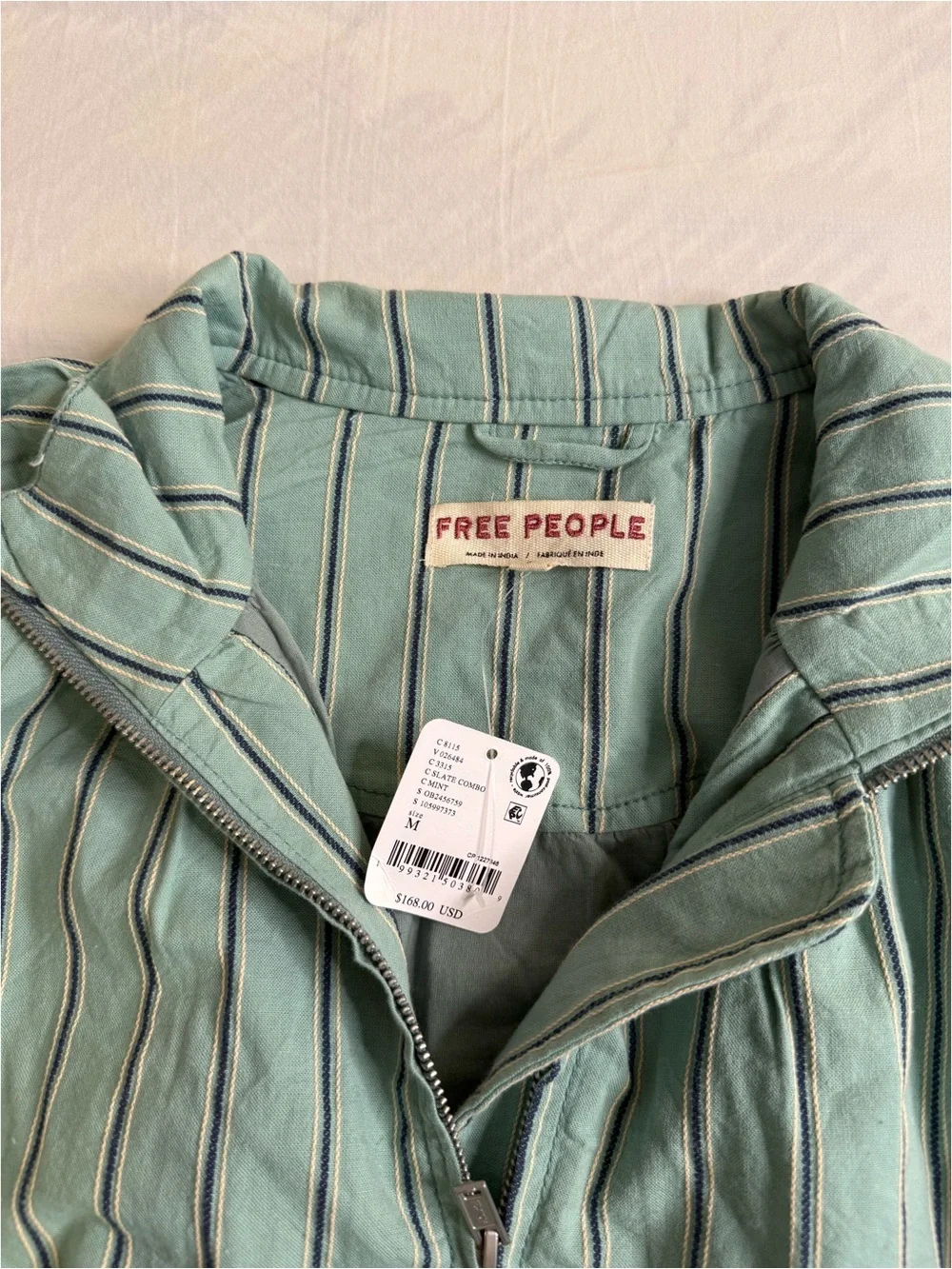 Striped Mint Green Zip-Front Women's Jacket